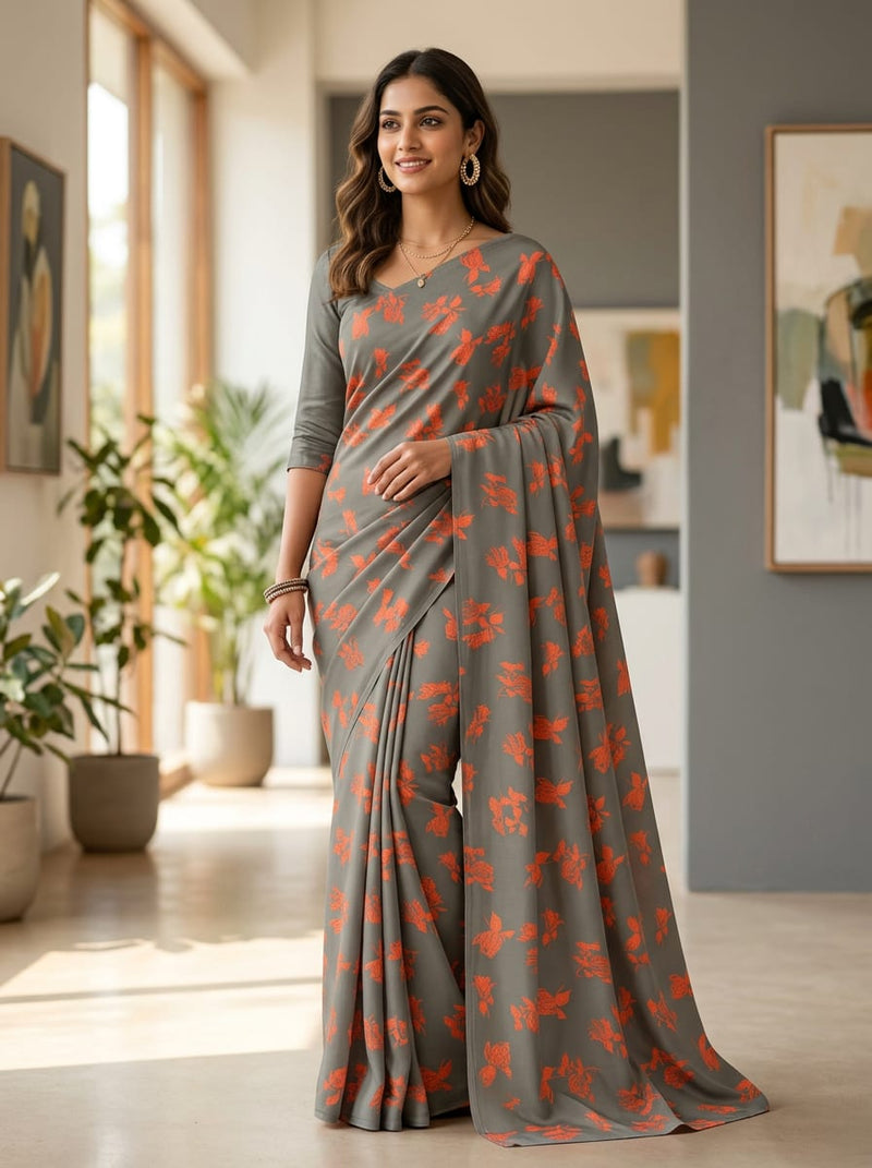 Grey Orange Botanical Scatter Kora Silk Digital Printed Fabric