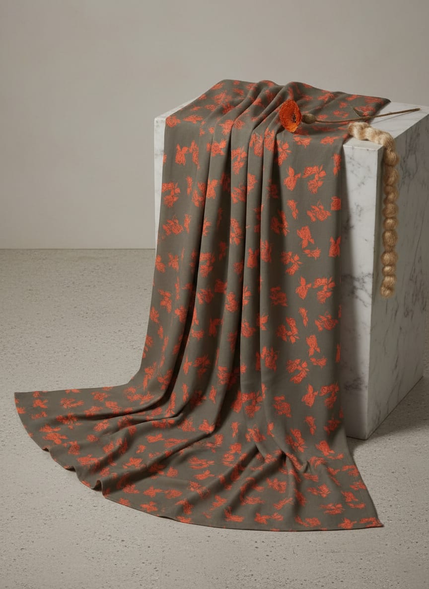 Grey Scattered Orange Floral Silk Crepe Digital Printed Fabric
