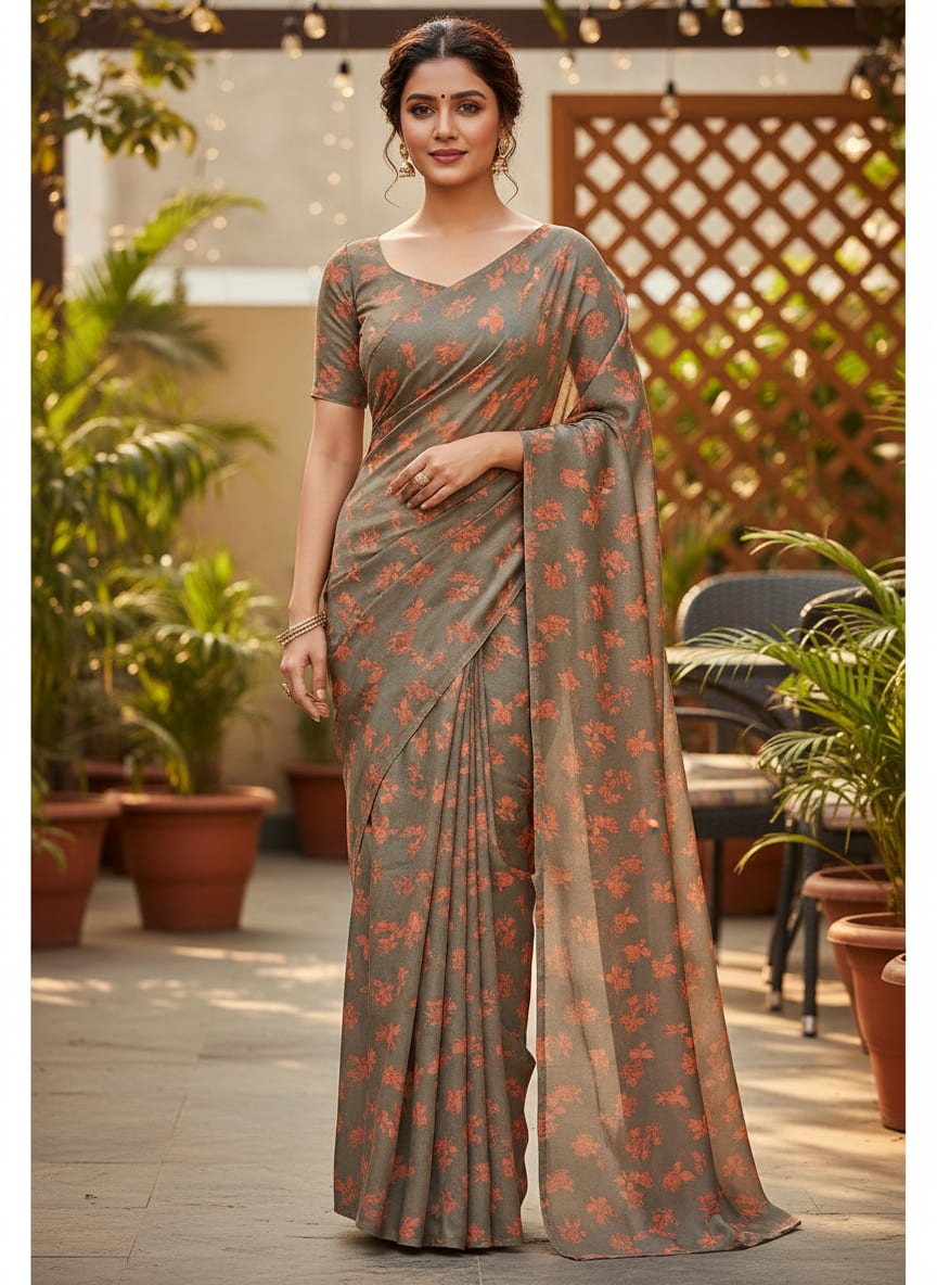 Grey Scattered Orange Floral Silk Crepe Digital Printed Fabric