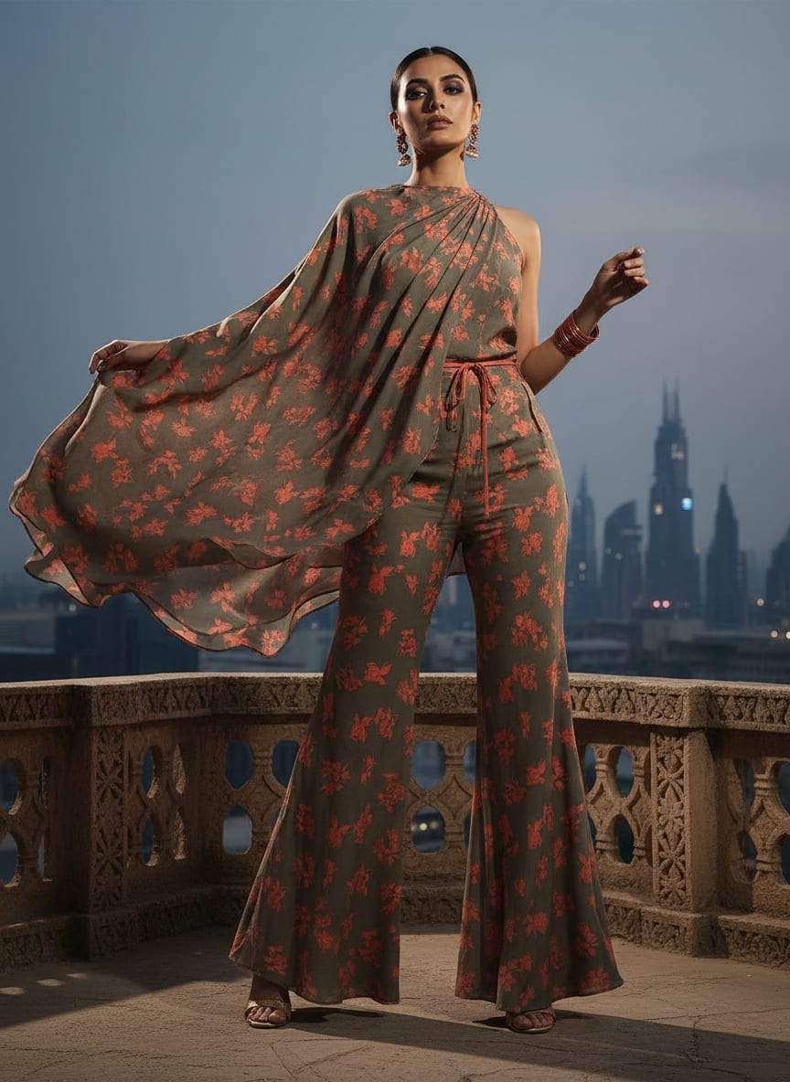 Grey Scattered Orange Floral Silk Crepe Digital Printed Fabric