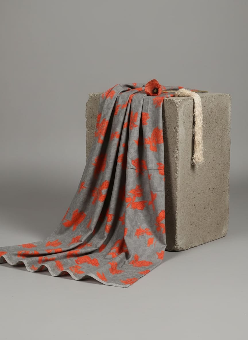 Grey Scattered Orange Floral Pure Cotton Digital Printed Fabric