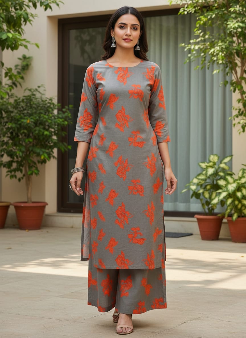 Grey Scattered Orange Floral Pure Cotton Digital Printed Fabric