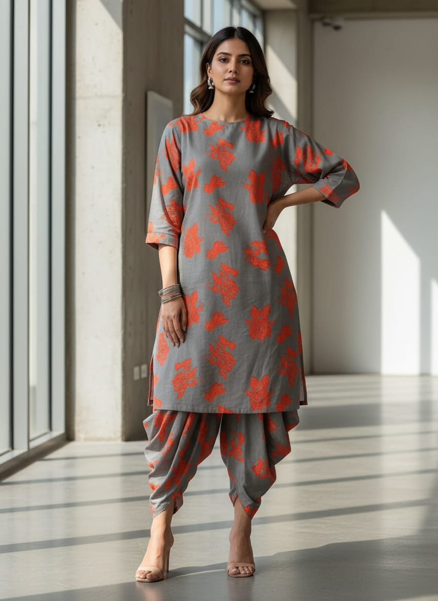 Grey Scattered Orange Floral Pure Cotton Digital Printed Fabric