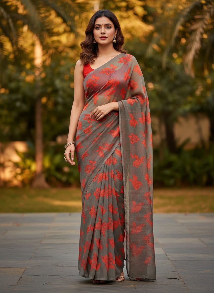 Tulips Roses With Orange Colour Digital Printed Fabric - Pure Georgette