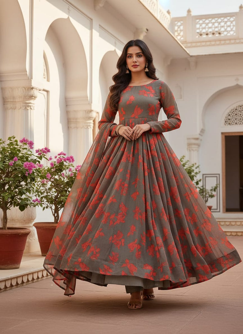 Tulips Roses With Orange Colour Digital Printed Fabric - Pure Georgette