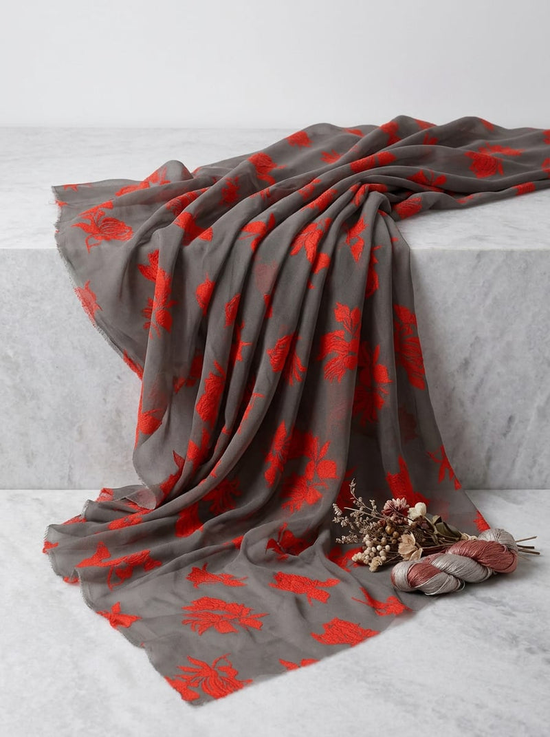 Grey Vibrant Red Floral Motif Pure Georgette Digital Printed Fabric