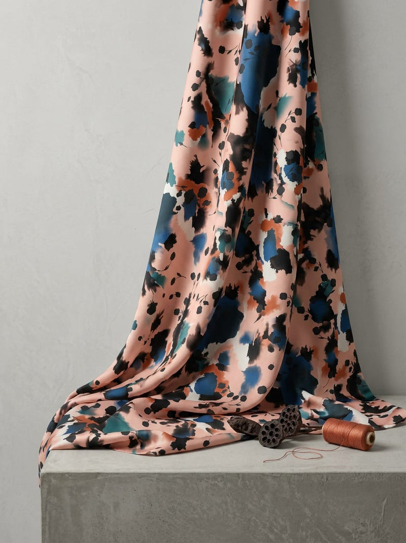 Peach Abstract Watercolour Floral Japan Satin Digital Printed Fabric
