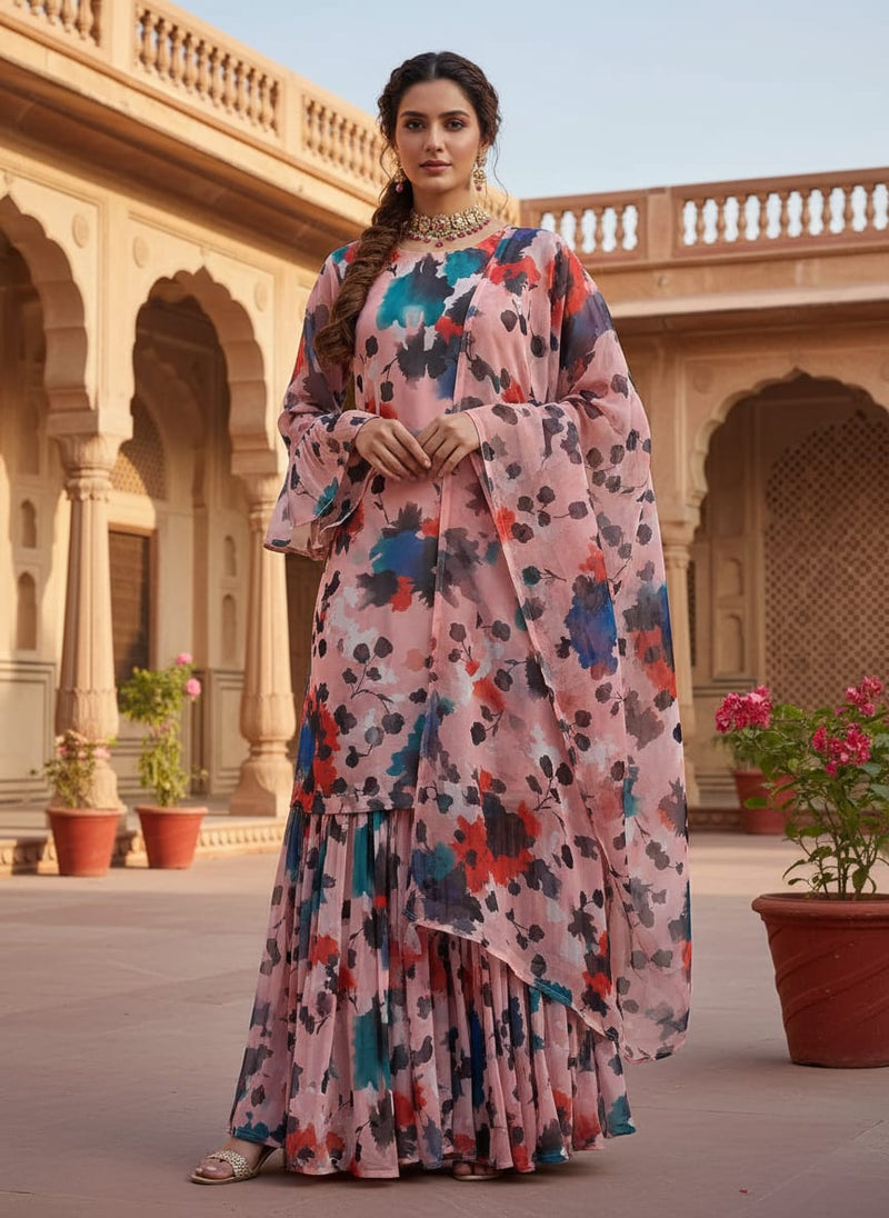 Watercolour Spot With Flower Digital Printed Fabric - Pure Georgette