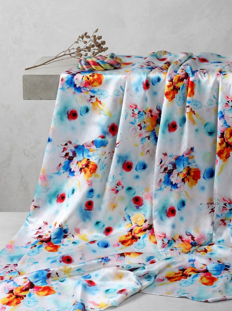 Multicolor Abstract Watercolour Floral Japan Satin Digital Printed Fabric
