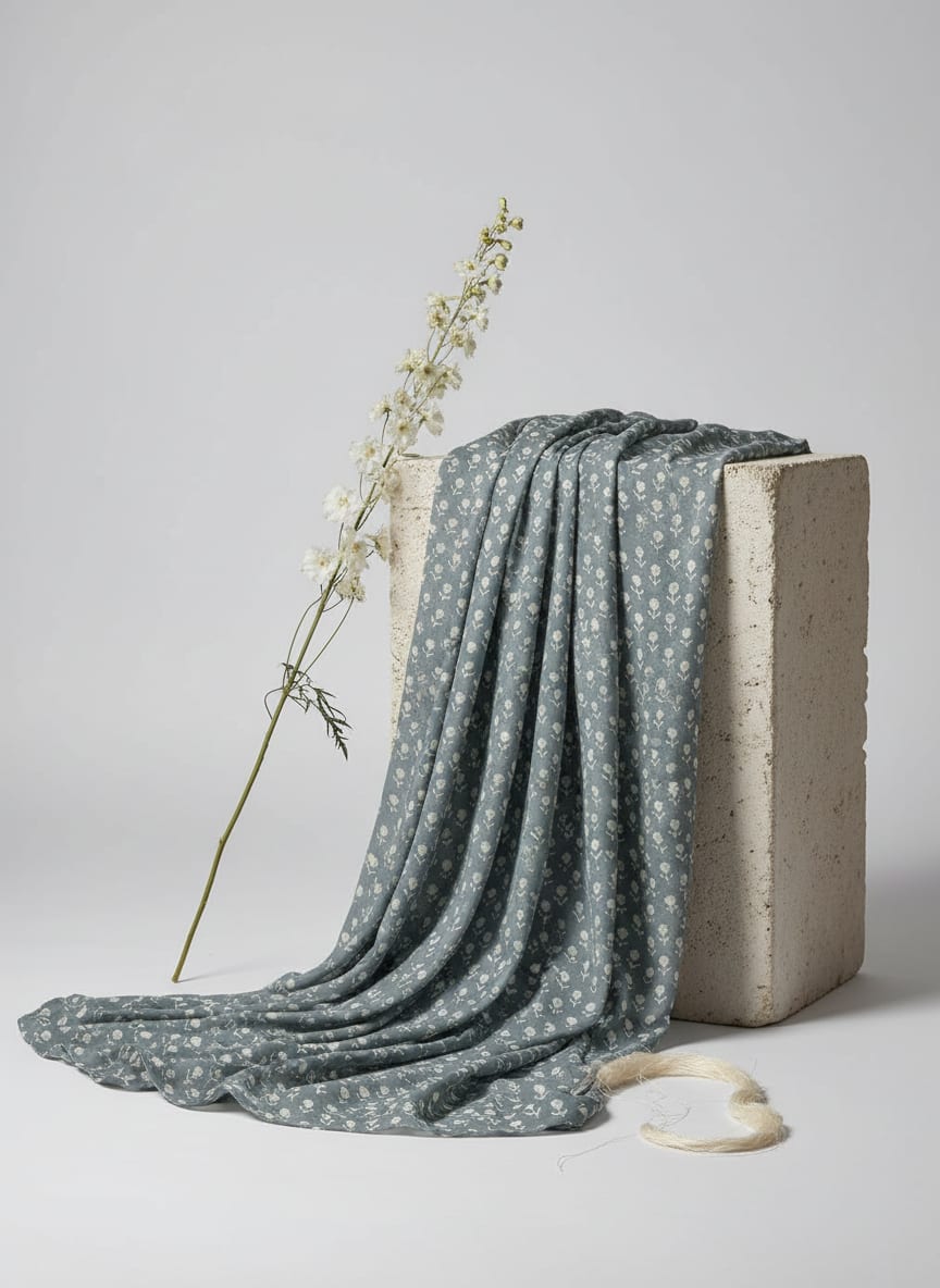 Grey Ditsy Floral Block Print Weightless Digital Printed Fabric