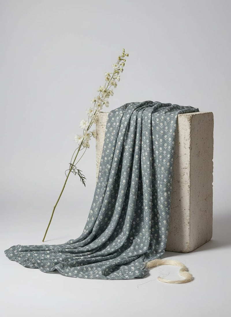 Grey Ditsy Floral Block Print Weightless Digital Printed Fabric