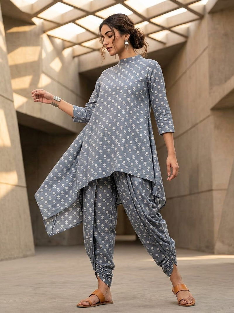 Grey Ethnic Floral Buti Pure Cotton Digital Printed Fabric