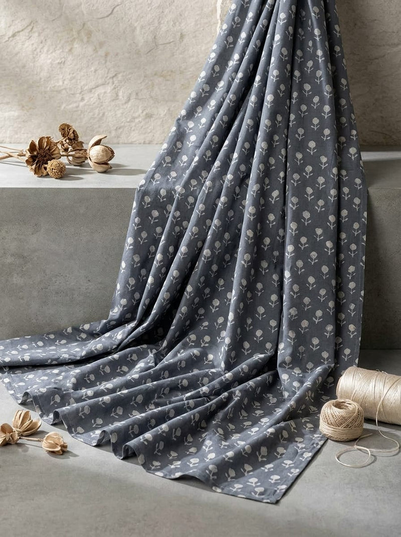 Grey Ethnic Floral Buti Pure Cotton Digital Printed Fabric