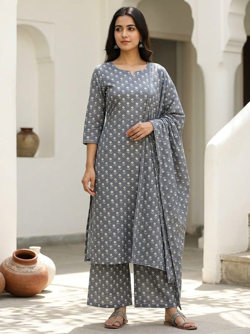 Grey Ethnic Floral Buti Pure Cotton Digital Printed Fabric
