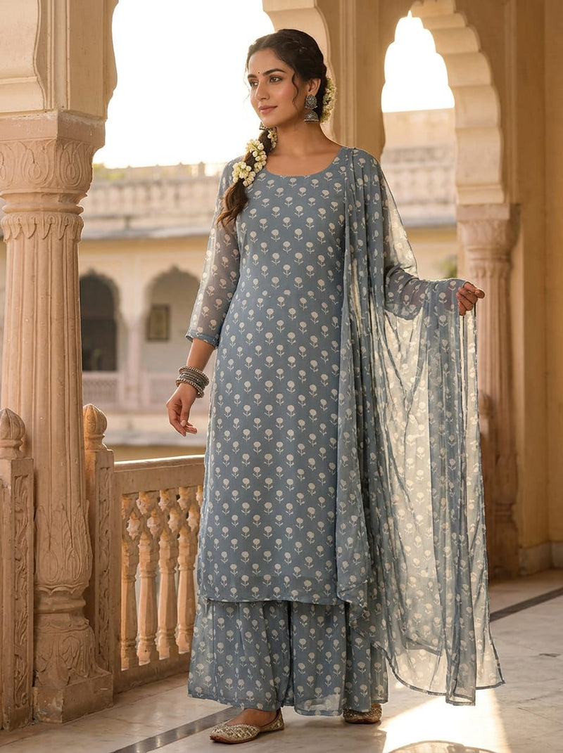 Grey Small Ethnic Floral Buti Pure Georgette Digital Printed Fabric