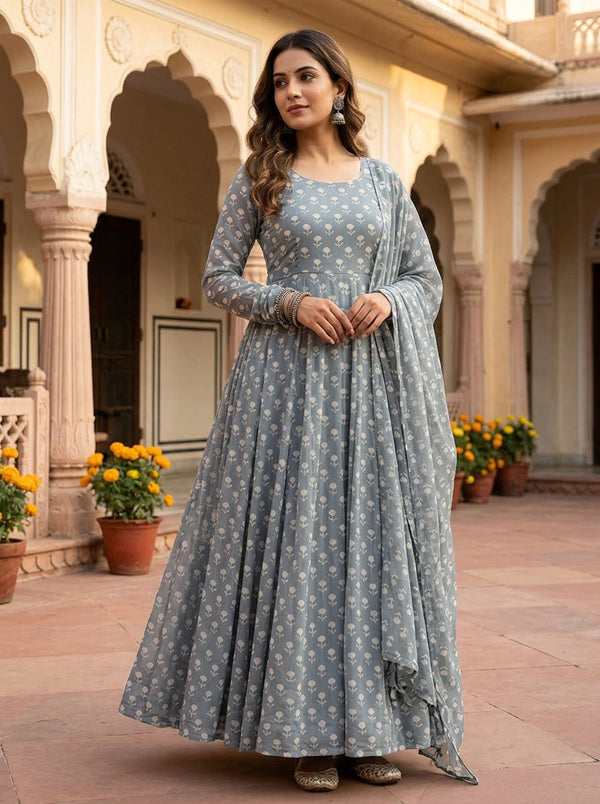 Grey Small Ethnic Floral Buti Pure Georgette Digital Printed Fabric - Anarkali Kurta Set Lookbook - PG-0-TA08529-110 - alternate view