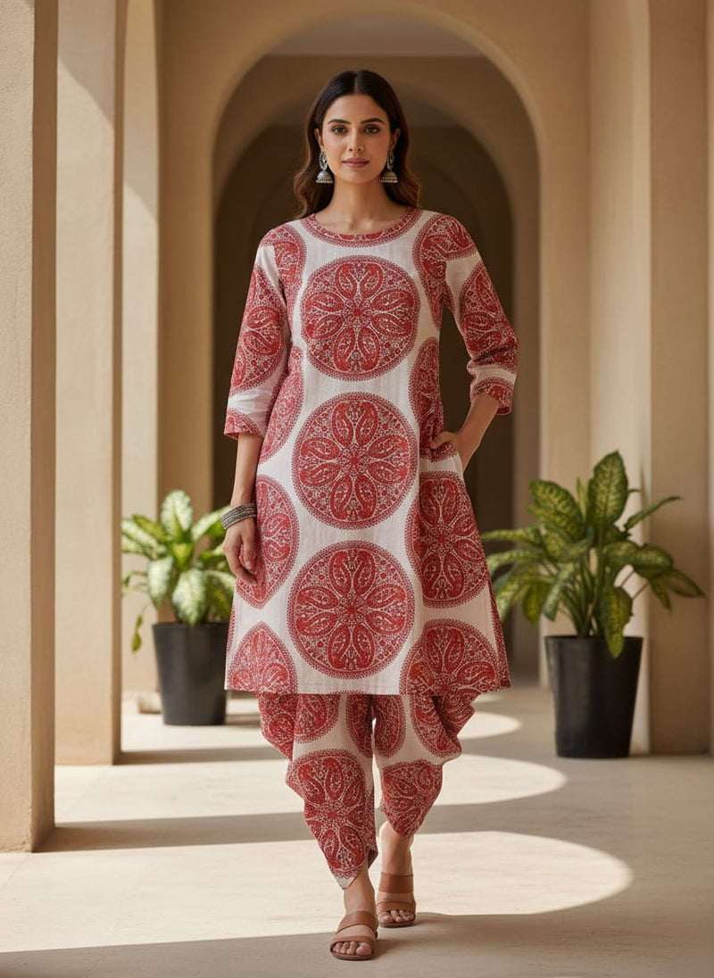 Red Ethnic Paisley Medallion Pure Cotton Digital Printed Fabric