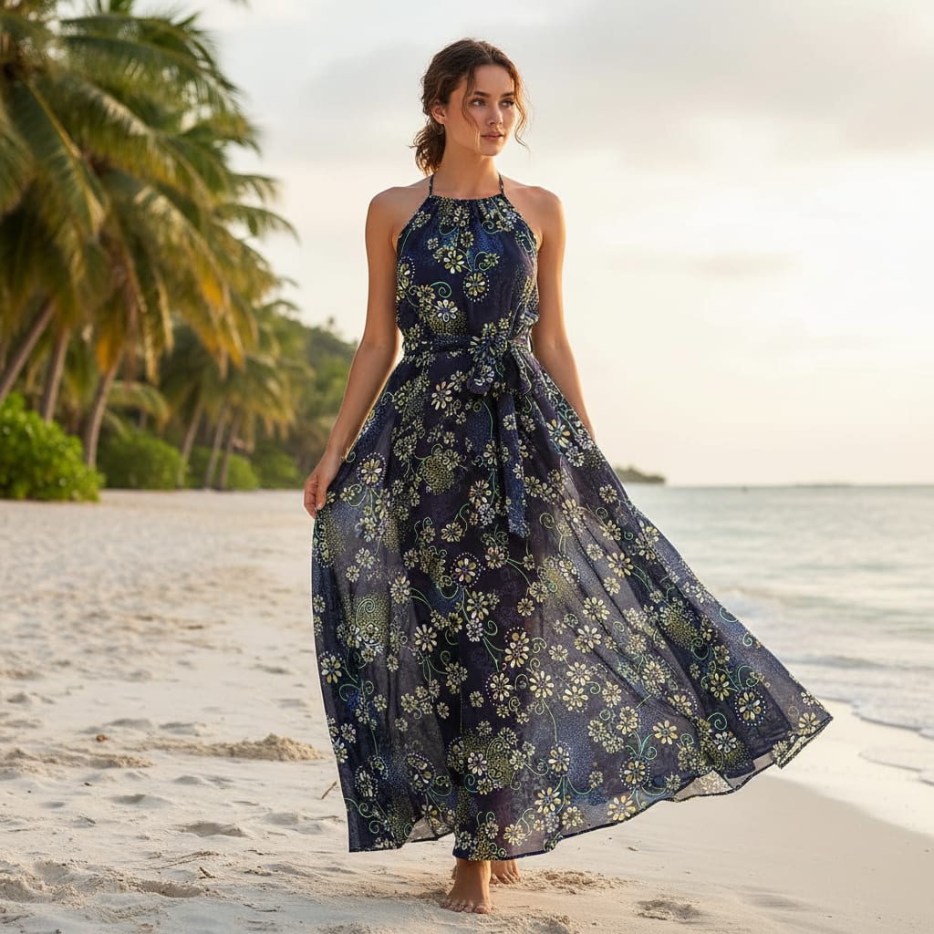 Navy Stylized Ditsy Floral Print Weightless Digital Printed Fabric