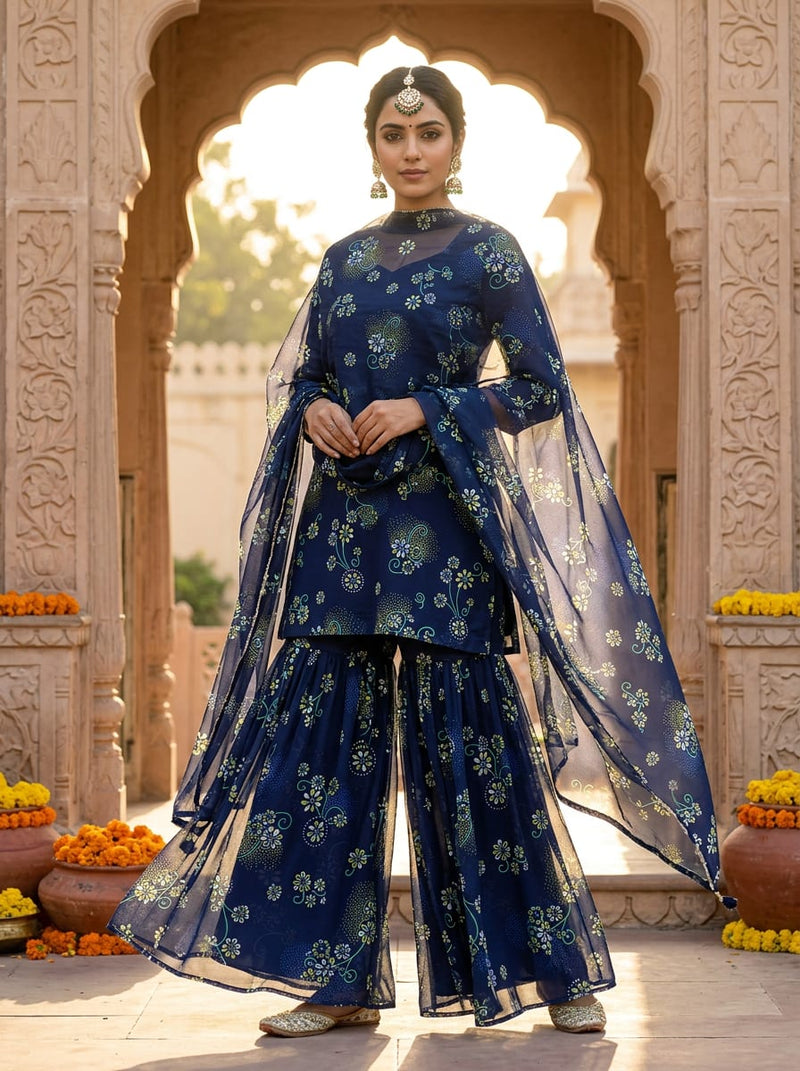 Navy Stylized Ditsy Floral Print Weightless Digital Printed Fabric