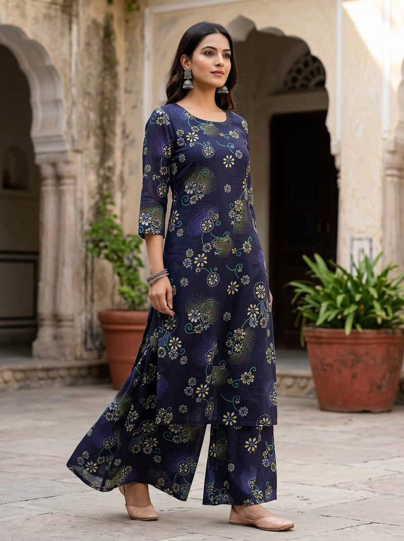 Navy Ditsy Floral and Swirl Pattern Pure Muslin Digital Printed Fabric