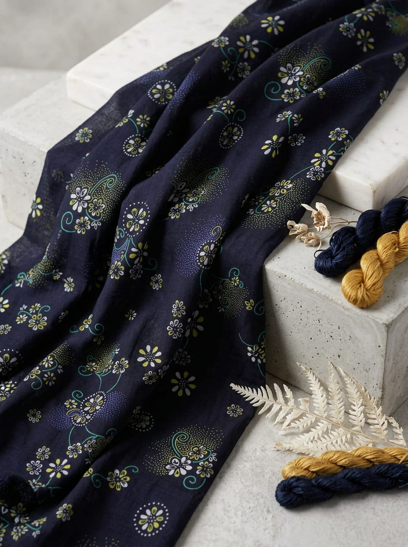 Navy Ditsy Floral and Swirl Pattern Pure Muslin Digital Printed Fabric