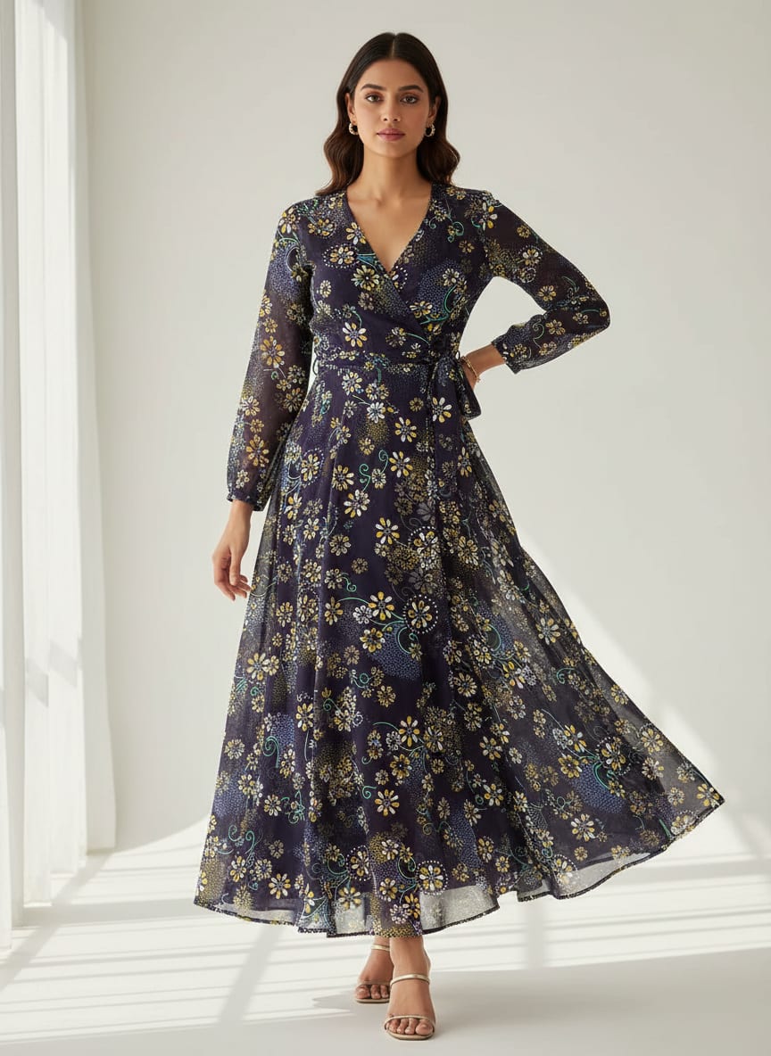 Royal Orchid Ditsy Digital Printed Fabric - Pure Georgette