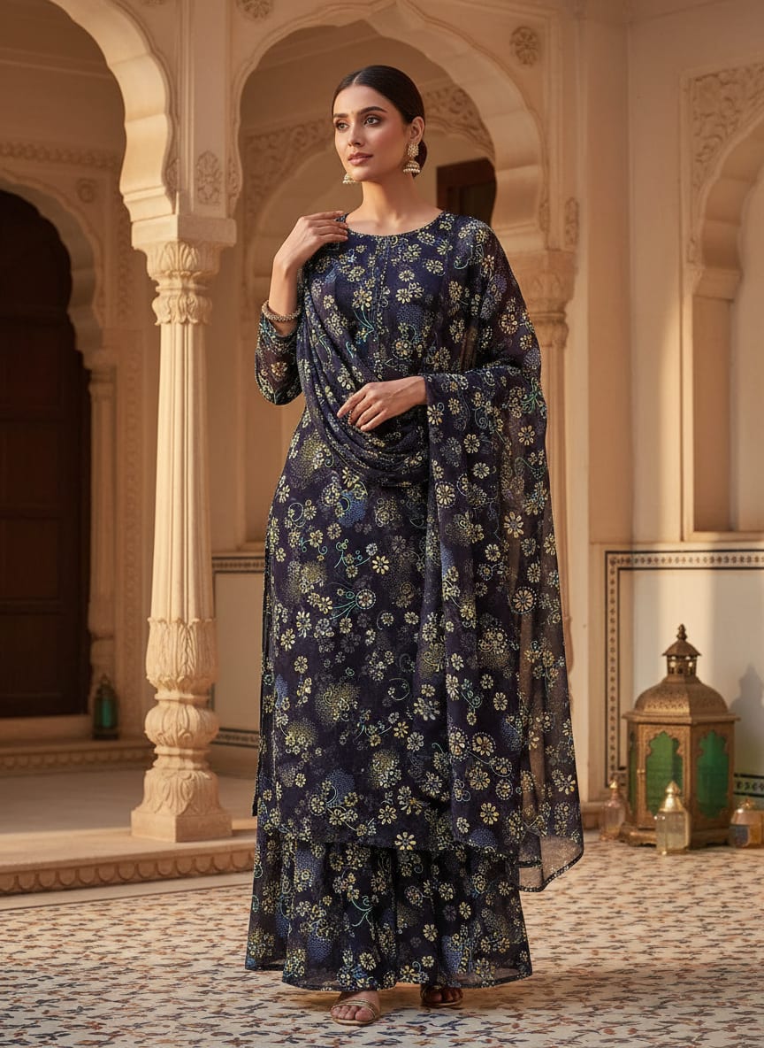 Royal Orchid Ditsy Digital Printed Fabric - Pure Georgette