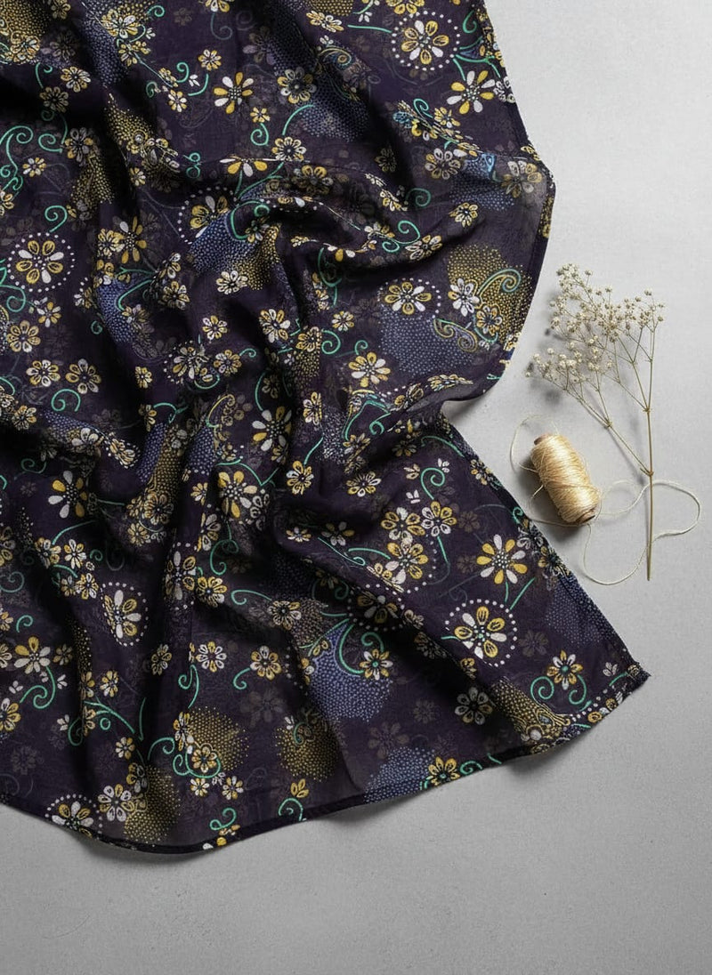 Navy Ditsy Floral and Dot Pattern Pure Georgette Digital Printed Fabric