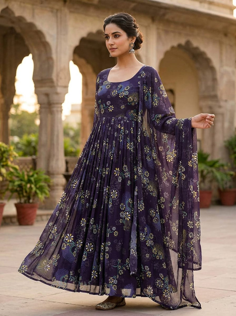 Navy Ditsy Floral and Dot Pattern Pure Georgette Digital Printed Fabric