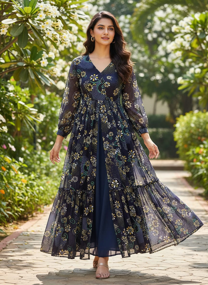 Royal Orchid Ditsy Digital Printed Fabric - Pure Georgette