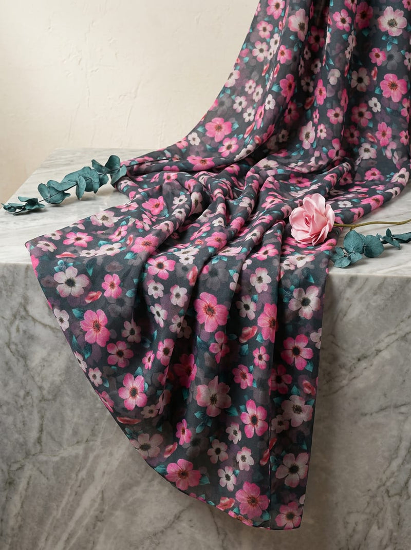 Grey Painterly Pink Floral Muslin Digital Printed Fabric