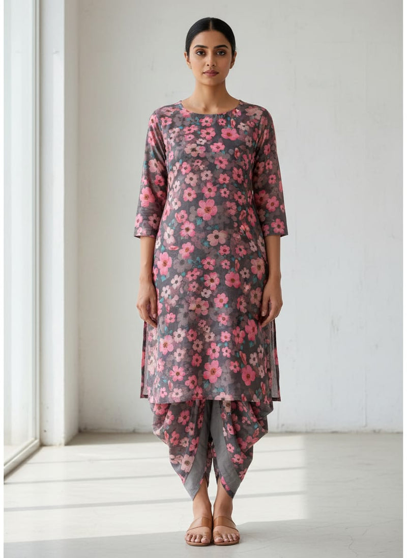 Grey Small Painterly Floral Print Pure Cotton Digital Printed Fabric