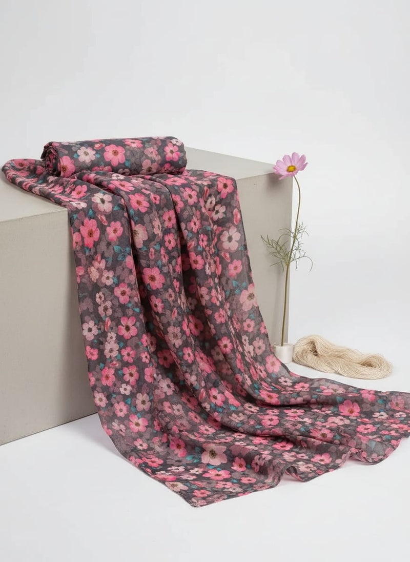 Grey Small Painterly Floral Print Pure Cotton Digital Printed Fabric