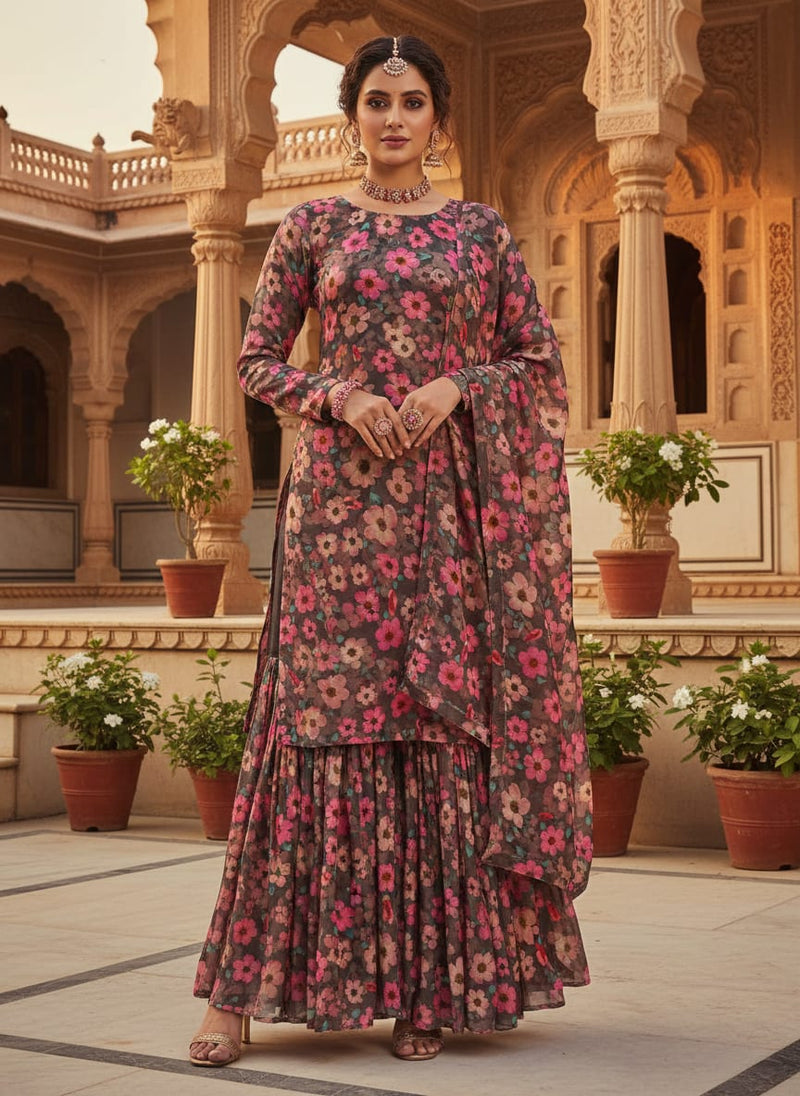 Grey Blossom Floral Print Upada Silk Digital Printed Fabric