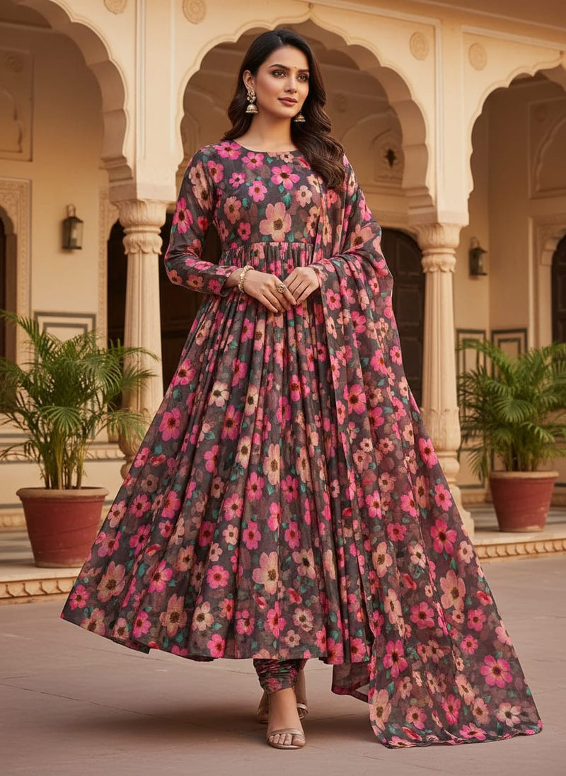 Buttercup Pink Floral Digital Printed Fabric - Upada Silk