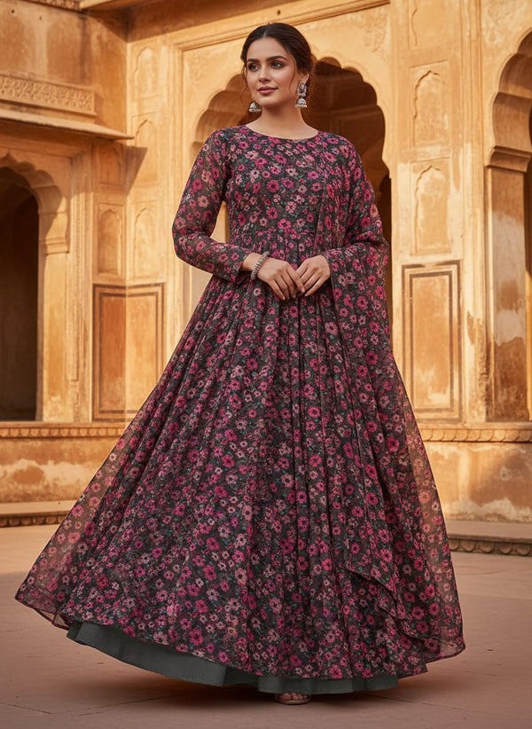 Multicolor Small Pink Floral Pure Chinon Digital Printed Fabric - Anarkali Kurta Set Lookbook - PC-0-TA08551-106 - alternate view