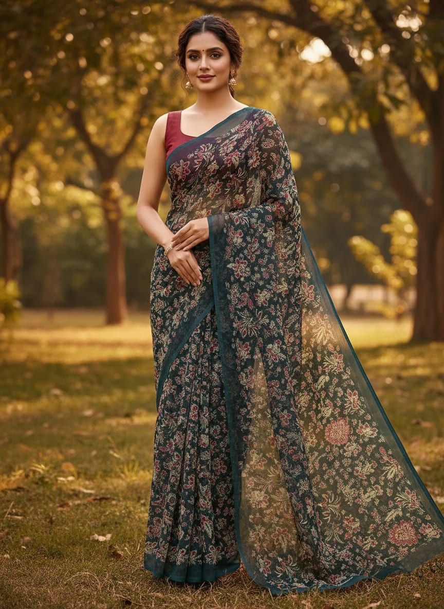 Teal Ethnic Floral Botanical Weightless Digital Printed Fabric
