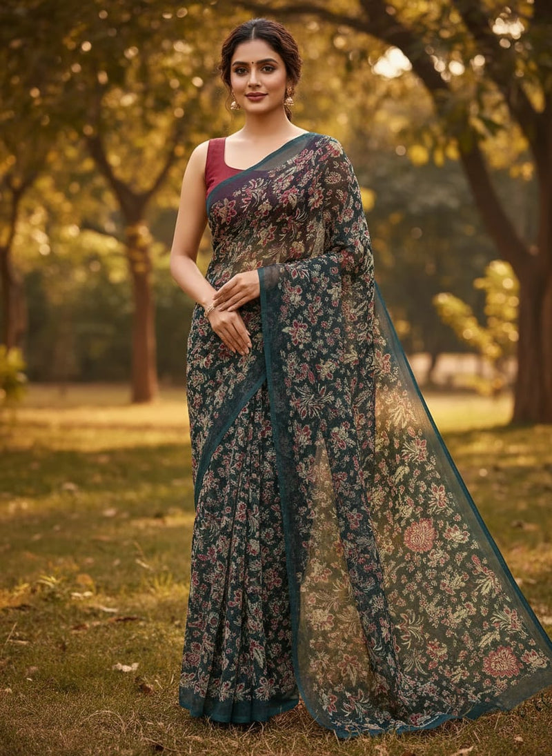 Teal Ethnic Floral Botanical Weightless Digital Printed Fabric