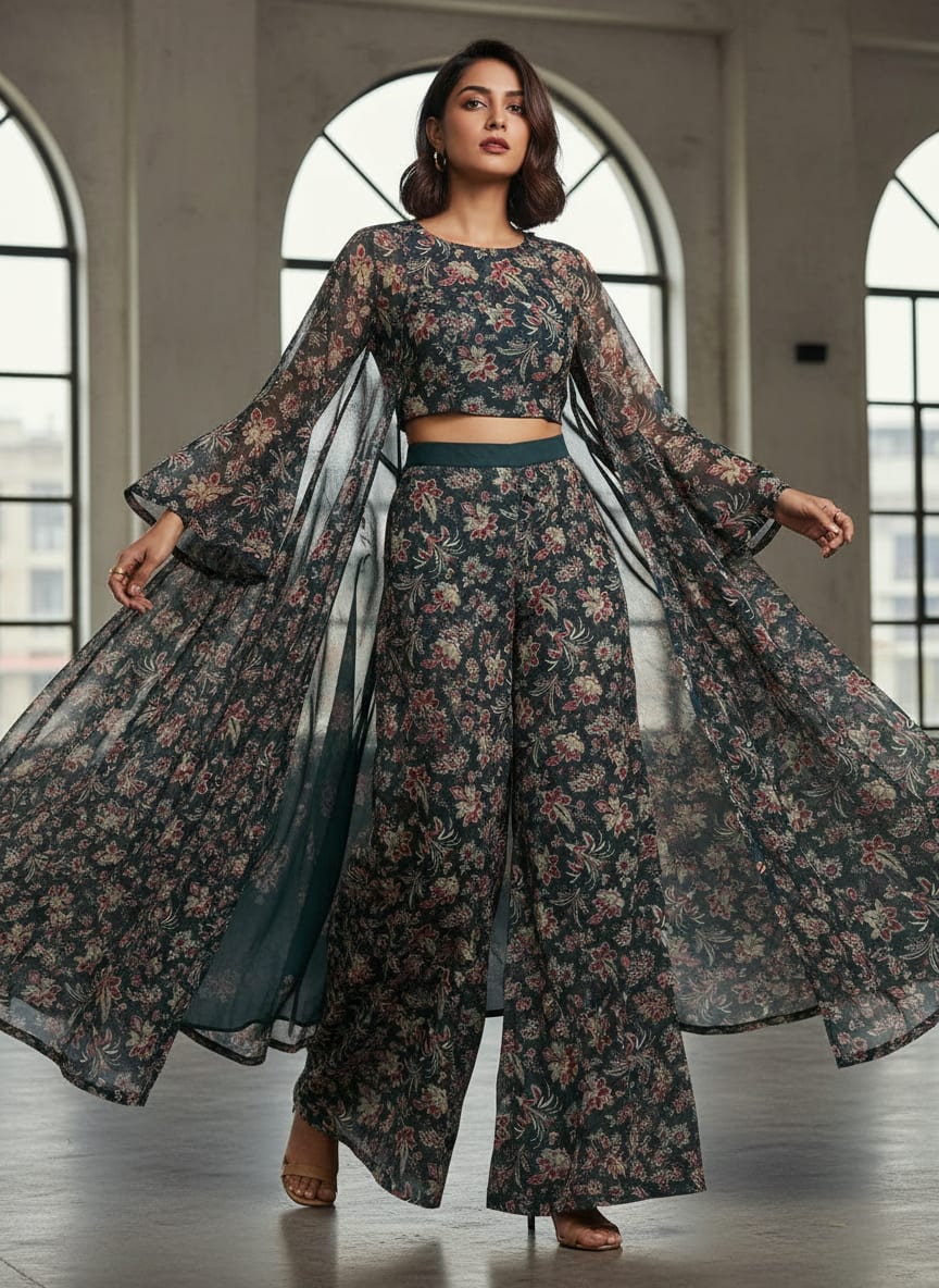 Teal Ethnic Floral Botanical Weightless Digital Printed Fabric