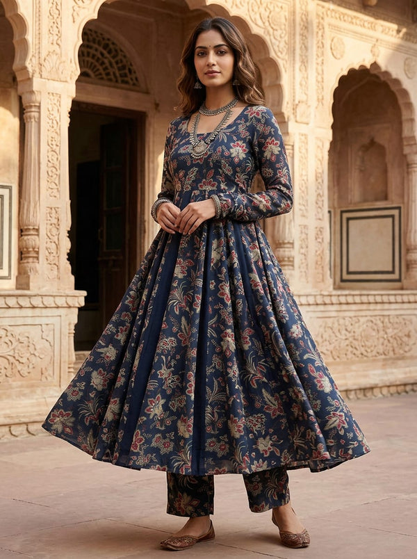 Navy Ethnic Floral Paisley Silk Crepe Digital Printed Fabric - Anarkali Kurta Set Lookbook - CR-0-TA08553-110 - alternate view