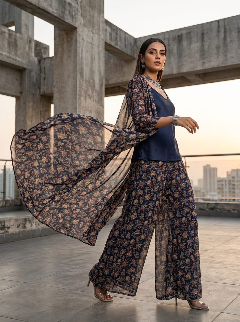 Navy Traditional Ethnic Floral Pure Georgette Digital Printed Fabric
