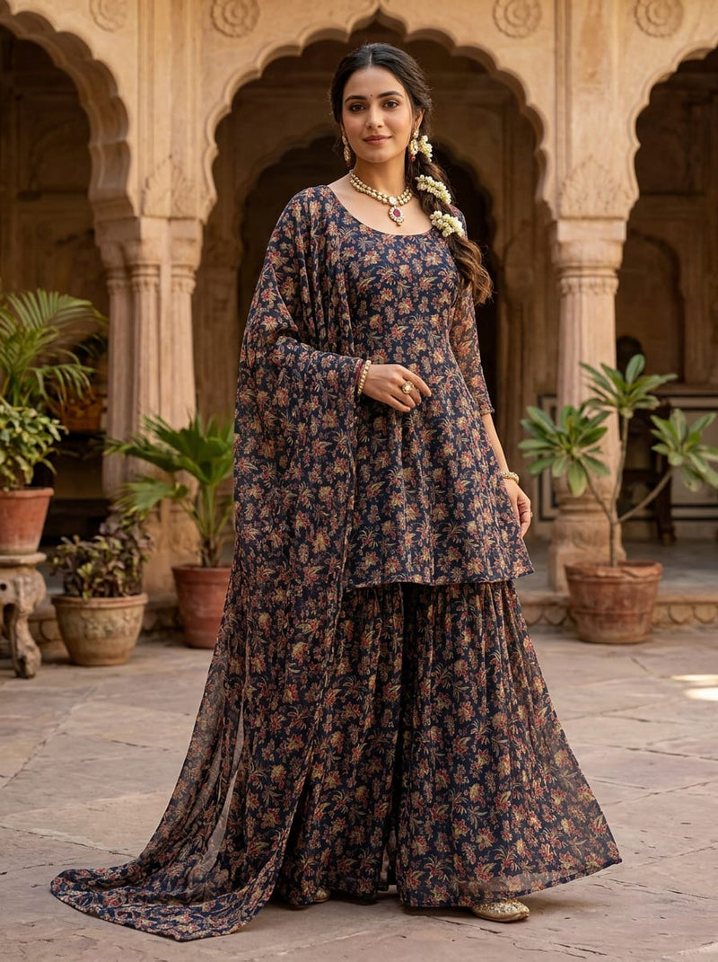 Navy Traditional Ethnic Floral Pure Georgette Digital Printed Fabric