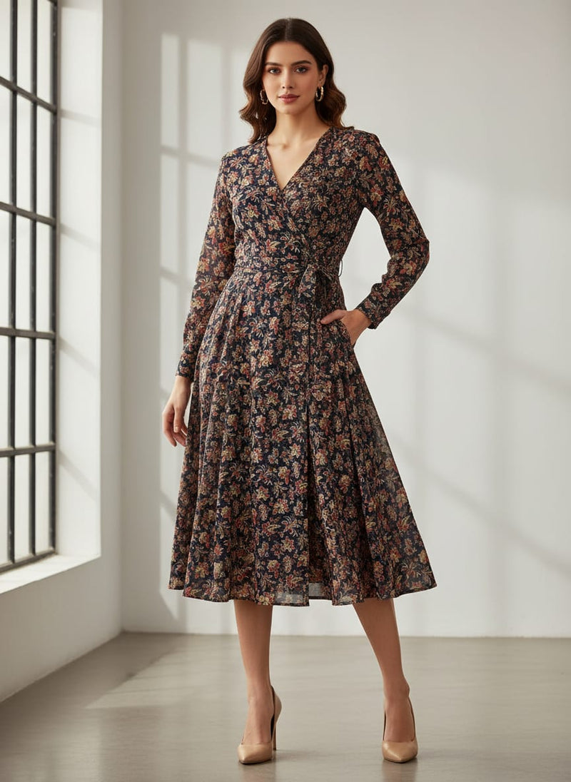 Decorative Jacobean Bluish Digital Printed Fabric - Pure Georgette