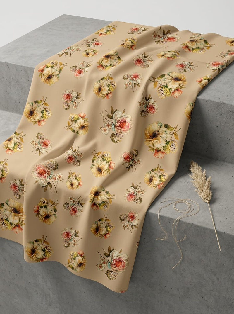 Cream Vintage Floral Bouquet Silk Crepe Digital Printed Fabric