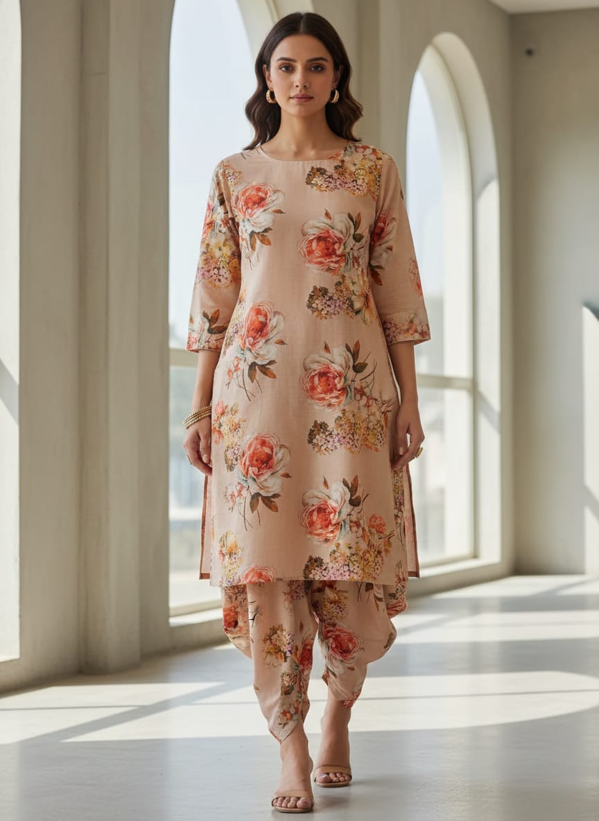 Peach Vintage Rose Bouquet Pure Cotton Digital Printed Fabric