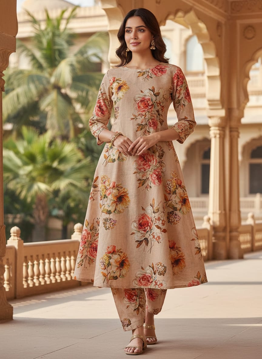 Peach Vintage Rose Bouquet Pure Cotton Digital Printed Fabric