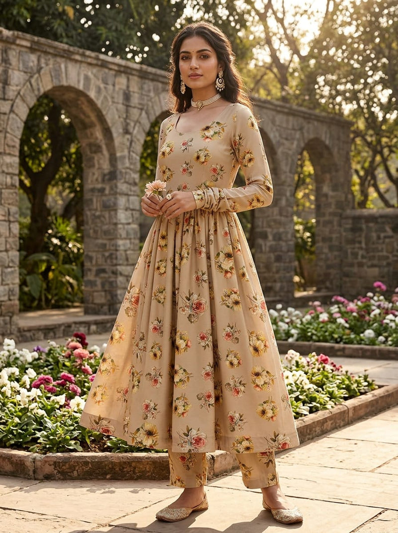 Cream Painterly Floral Bouquet Upada Silk Digital Printed Fabric