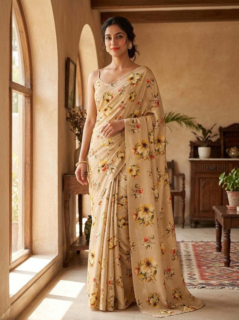 Cream Painterly Floral Bouquet Upada Silk Digital Printed Fabric