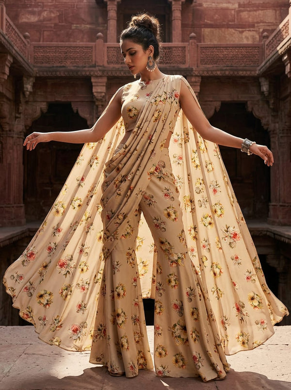 Cream Painterly Floral Bouquet Upada Silk Digital Printed Fabric - Draped Cape with Flared Pants Lookbook - US-0-TA08562P6-110 - alternate view