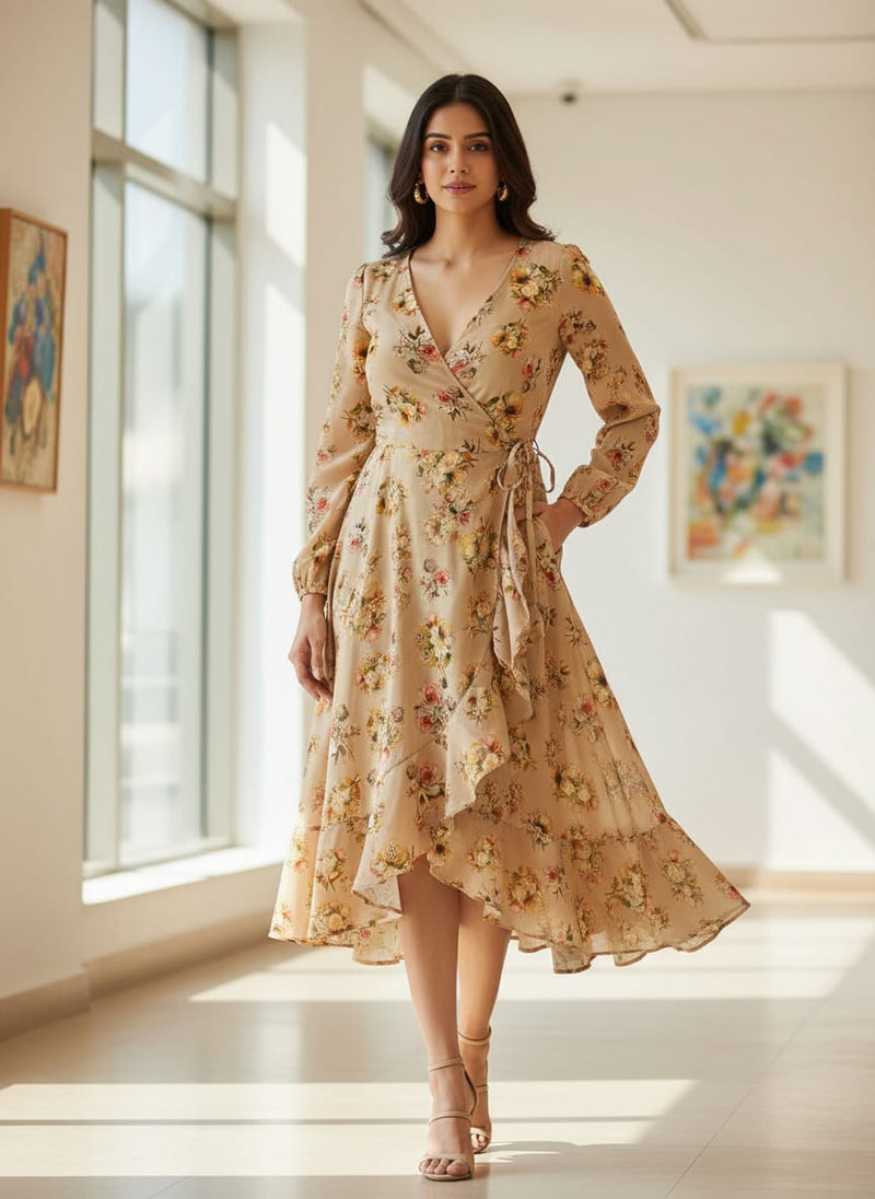 Cream Vintage Floral Bouquet Pure Georgette Digital Printed Fabric
